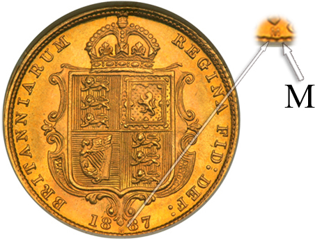 M letter meaning this coin was minted in Melbourne mint (Half Sovereign coin from 1887) displayed between date 18 and 87