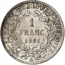 Large Reverse for 1 Franc 1881 coin