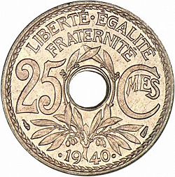 Large Reverse for 25 Centimes 1940 coin