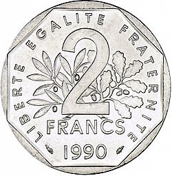 Large Reverse for 2 Francs 1990 coin