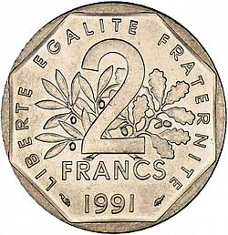 Large Reverse for 2 Francs 1991 coin