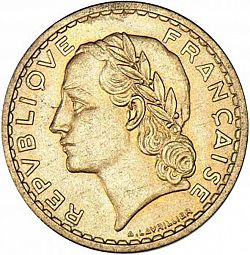 Large Obverse for 5 Francs 1938 coin