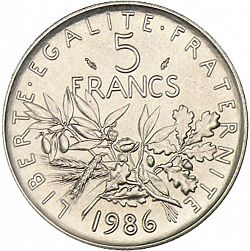 Large Reverse for 5 Francs 1986 coin