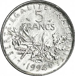 Large Reverse for 5 Francs 1994 coin