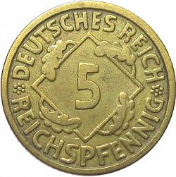 Large Obverse for 5 Pfenning 1925 coin