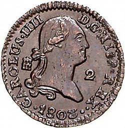 Large Obverse for 2 Maravedies 1802 coin