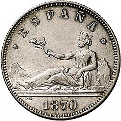 Large Obverse for 2 Pesetas 1870 coin