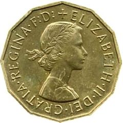 Threepence Obverse Image minted in UNITED KINGDOM in 1956 (1953-70  -  Elizabeth II)  - The Coin Database