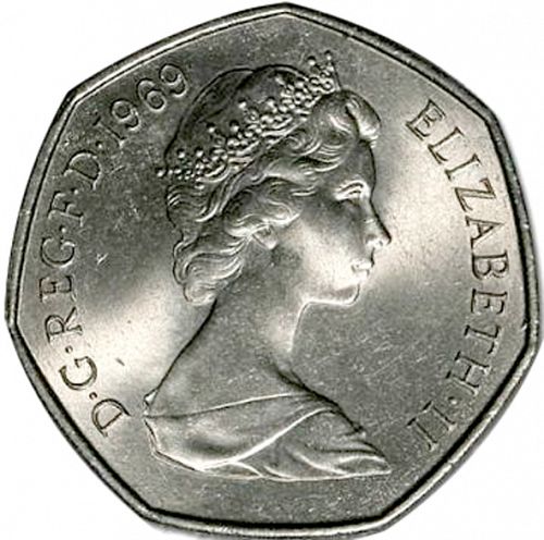 50p Obverse Image minted in UNITED KINGDOM in 1969 (1971-up  -  Elizabeth II - Decimal Coinage)  - The Coin Database