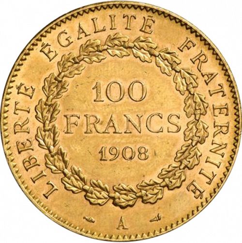 100 Francs Reverse Image minted in FRANCE in 1908A (1871-1940 - Third Republic)  - The Coin Database