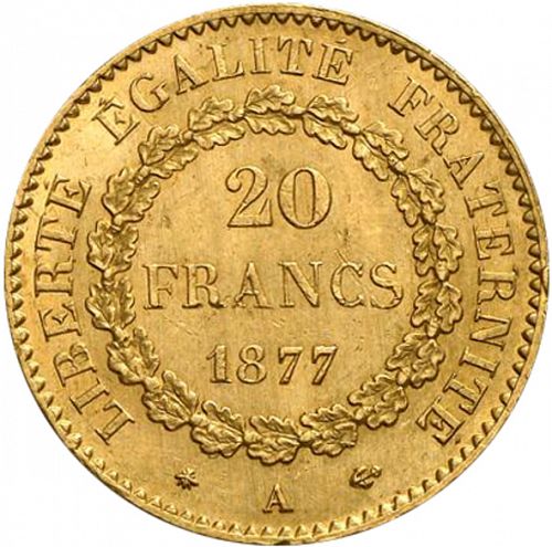 20 Francs Reverse Image minted in FRANCE in 1877A (1871-1940 - Third Republic)  - The Coin Database