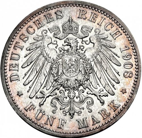 5 Mark Reverse Image minted in GERMANY in 1908 (1871-18 - Empire SAXE-WEIMAR-EISENACH)  - The Coin Database