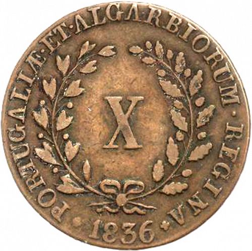 10 Réis Reverse Image minted in PORTUGAL in 1836 (1834-39 - Maria II)  - The Coin Database
