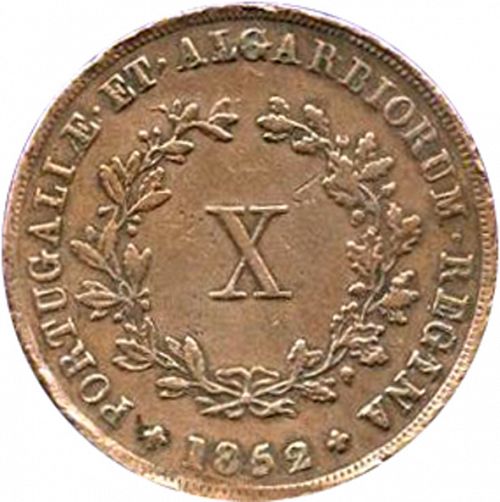 10 Réis Reverse Image minted in PORTUGAL in 1852 (1835-53 - Maria II <small> - Decimal Coinage</small>)  - The Coin Database