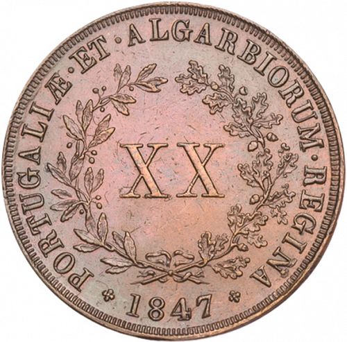 20 Réis ( Vintém ) Reverse Image minted in PORTUGAL in 1847 (1835-53 - Maria II <small> - Decimal Coinage</small>)  - The Coin Database