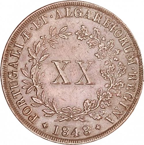 20 Réis ( Vintém ) Reverse Image minted in PORTUGAL in 1848 (1835-53 - Maria II <small> - Decimal Coinage</small>)  - The Coin Database