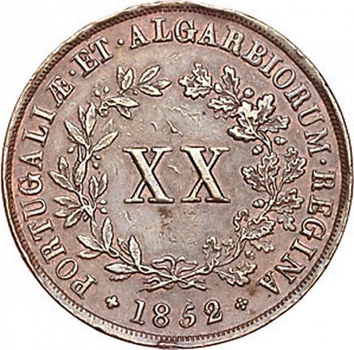 20 Réis ( Vintém ) Reverse Image minted in PORTUGAL in 1852 (1835-53 - Maria II <small> - Decimal Coinage</small>)  - The Coin Database