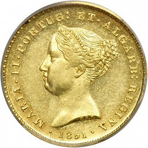 2500 Réis ( Meia Coroa de Ouro ) Obverse Image minted in PORTUGAL in 1851 (1835-53 - Maria II <small> - Decimal Coinage</small>)  - The Coin Database