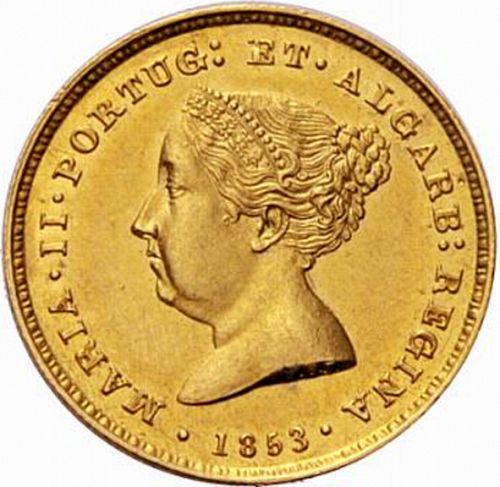 2500 Réis ( Meia Coroa de Ouro ) Obverse Image minted in PORTUGAL in 1853 (1835-53 - Maria II <small> - Decimal Coinage</small>)  - The Coin Database