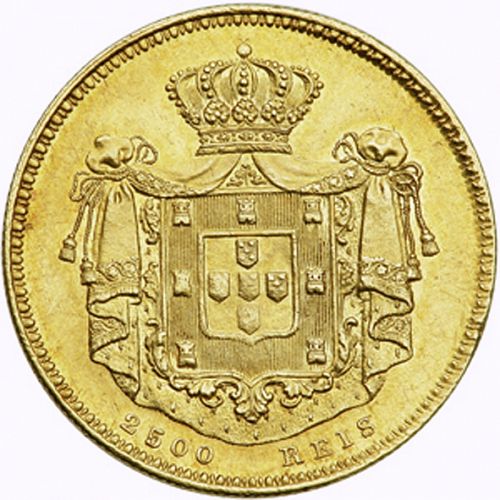 2500 Réis ( Meia Coroa de Ouro ) Reverse Image minted in PORTUGAL in 1851 (1835-53 - Maria II <small> - Decimal Coinage</small>)  - The Coin Database