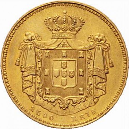 2500 Réis ( Meia Coroa de Ouro ) Reverse Image minted in PORTUGAL in 1853 (1835-53 - Maria II <small> - Decimal Coinage</small>)  - The Coin Database