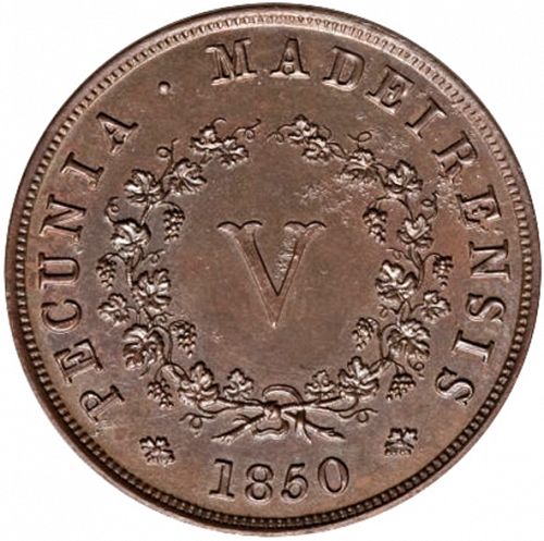 5 Réis Reverse Image minted in PORTUGAL in 1850 (1835-53 - Maria II <small> - Decimal Coinage</small>)  - The Coin Database