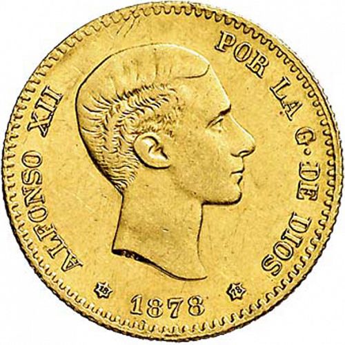 10 Pesetas Obverse Image minted in SPAIN in 1878 / 78 (1874-85  -  ALFONSO XII)  - The Coin Database
