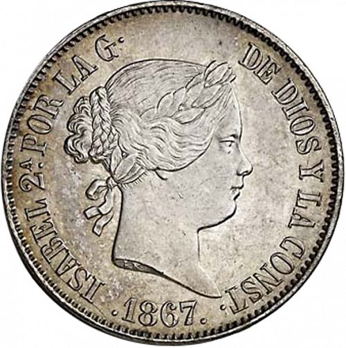 1 Escudo Obverse Image minted in SPAIN in 1867 (1865-68  -  ISABEL II - 2nd Decimal Coinage)  - The Coin Database