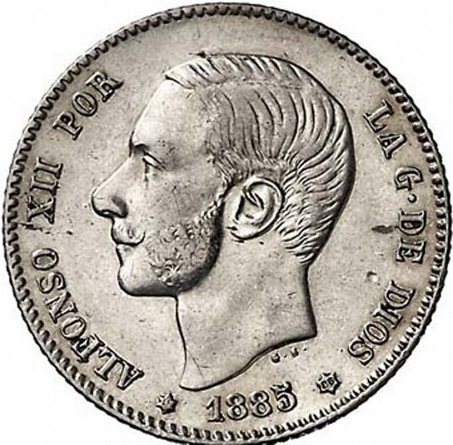 1 Peseta Obverse Image minted in SPAIN in 1885 / 86 (1874-85  -  ALFONSO XII)  - The Coin Database