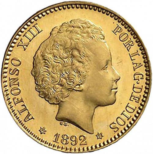 20 Pesetas Obverse Image minted in SPAIN in 1892 / 92 (1886-31  -  ALFONSO XIII)  - The Coin Database
