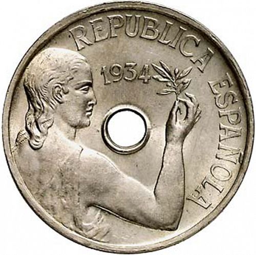 25 Céntimos Obverse Image minted in SPAIN in 1934 (1931-39  -  2nd REPUBLIC)  - The Coin Database