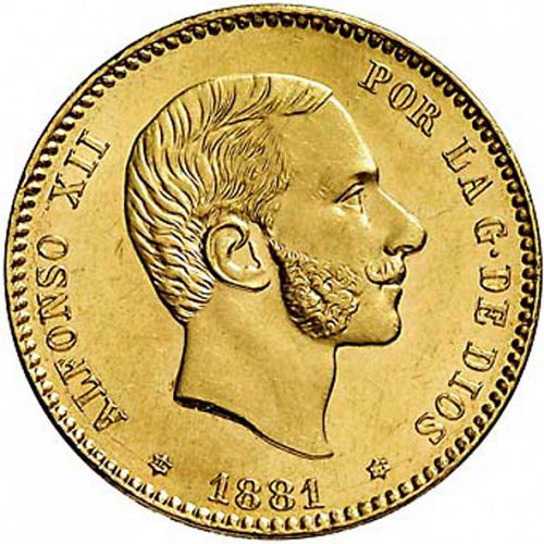 25 Pesetas Obverse Image minted in SPAIN in 1881 / 81 (1874-85  -  ALFONSO XII)  - The Coin Database