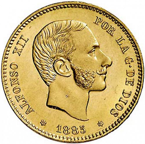 25 Pesetas Obverse Image minted in SPAIN in 1885 / 86 (1874-85  -  ALFONSO XII)  - The Coin Database