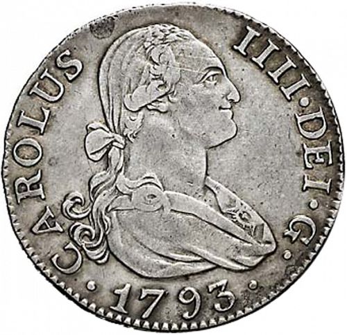 2 Reales Obverse Image minted in SPAIN in 1793MF (1788-08  -  CARLOS IV)  - The Coin Database