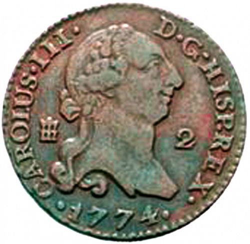 2 Maravedies Obverse Image minted in SPAIN in 1774 (1759-88  -  CARLOS III)  - The Coin Database
