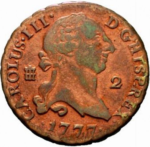 2 Maravedies Obverse Image minted in SPAIN in 1777 (1759-88  -  CARLOS III)  - The Coin Database