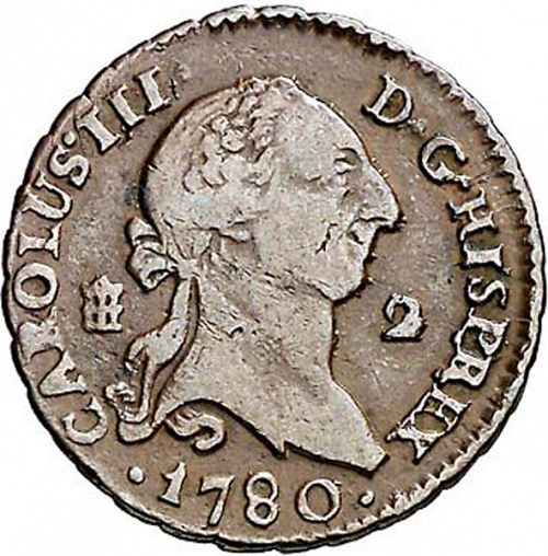 2 Maravedies Obverse Image minted in SPAIN in 1780 (1759-88  -  CARLOS III)  - The Coin Database