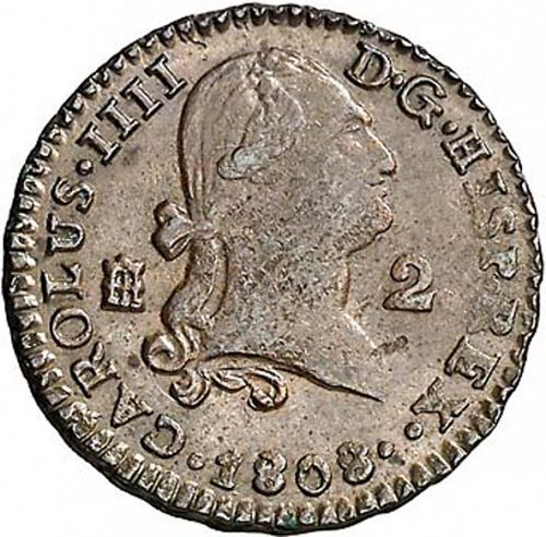 2 Maravedies Obverse Image minted in SPAIN in 1808 (1788-08  -  CARLOS IV)  - The Coin Database