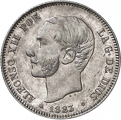 2 Pesetas Obverse Image minted in SPAIN in 1883 / 83 (1874-85  -  ALFONSO XII)  - The Coin Database