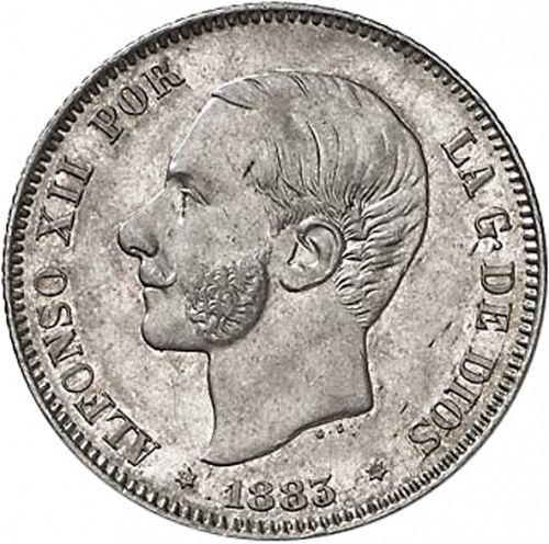 2 Pesetas Obverse Image minted in SPAIN in 1883 / 83 (1874-85 - ALFONSO XII) - The Coin Database