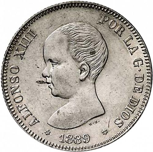 2 Pesetas Obverse Image minted in SPAIN in 1889 / 89 (1886-31  -  ALFONSO XIII)  - The Coin Database