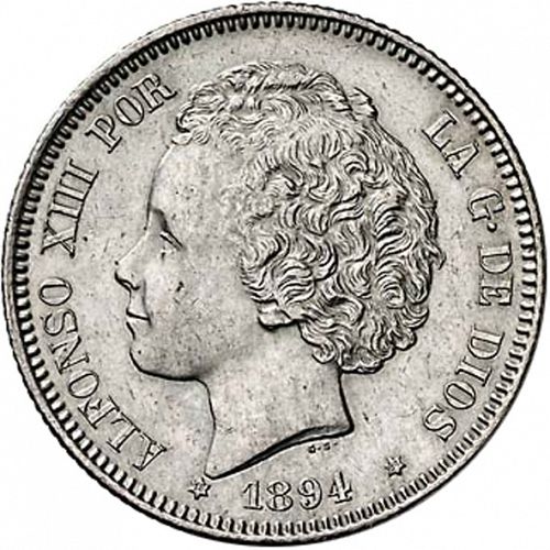 2 Pesetas Obverse Image minted in SPAIN in 1894 / 94 (1886-31  -  ALFONSO XIII)  - The Coin Database