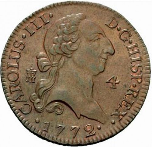 4 Maravedies Obverse Image minted in SPAIN in 1772 (1759-88  -  CARLOS III)  - The Coin Database