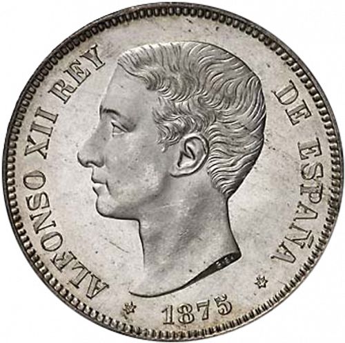 5 Pesetas Obverse Image minted in SPAIN in 1875 / 75 (1874-85  -  ALFONSO XII)  - The Coin Database