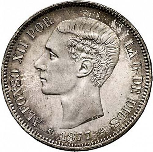 5 Pesetas Obverse Image minted in SPAIN in 1877 / 77 (1874-85  -  ALFONSO XII)  - The Coin Database