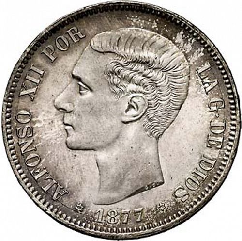 5 Pesetas Obverse Image minted in SPAIN in 1877 / 77 (1874-85 - ALFONSO XII) - The Coin Database
