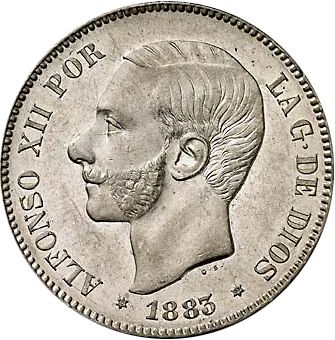 5 Pesetas Obverse Image minted in SPAIN in 1883 / 83 (1874-85  -  ALFONSO XII)  - The Coin Database