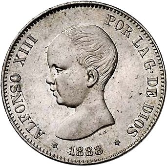 5 Pesetas Obverse Image minted in SPAIN in 1888 / 88 (1886-31  -  ALFONSO XIII)  - The Coin Database