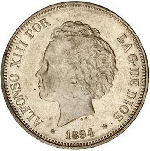 5 Pesetas Obverse Image minted in SPAIN in 1894 / 94 (1886-31  -  ALFONSO XIII)  - The Coin Database