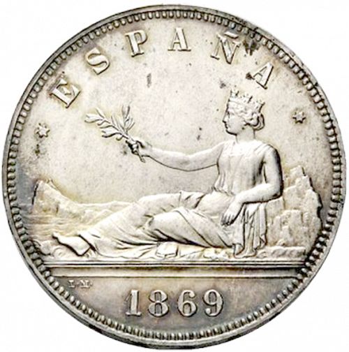 5 Pesetas Obverse Image minted in SPAIN in 1869 / 69 (1868-70  -  PROVISIONAL GOVERNMENT)  - The Coin Database